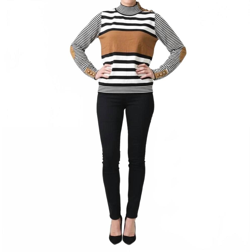 NEW LA CHIC DESIGNS striped mock neck knit sweater in black/white/brown